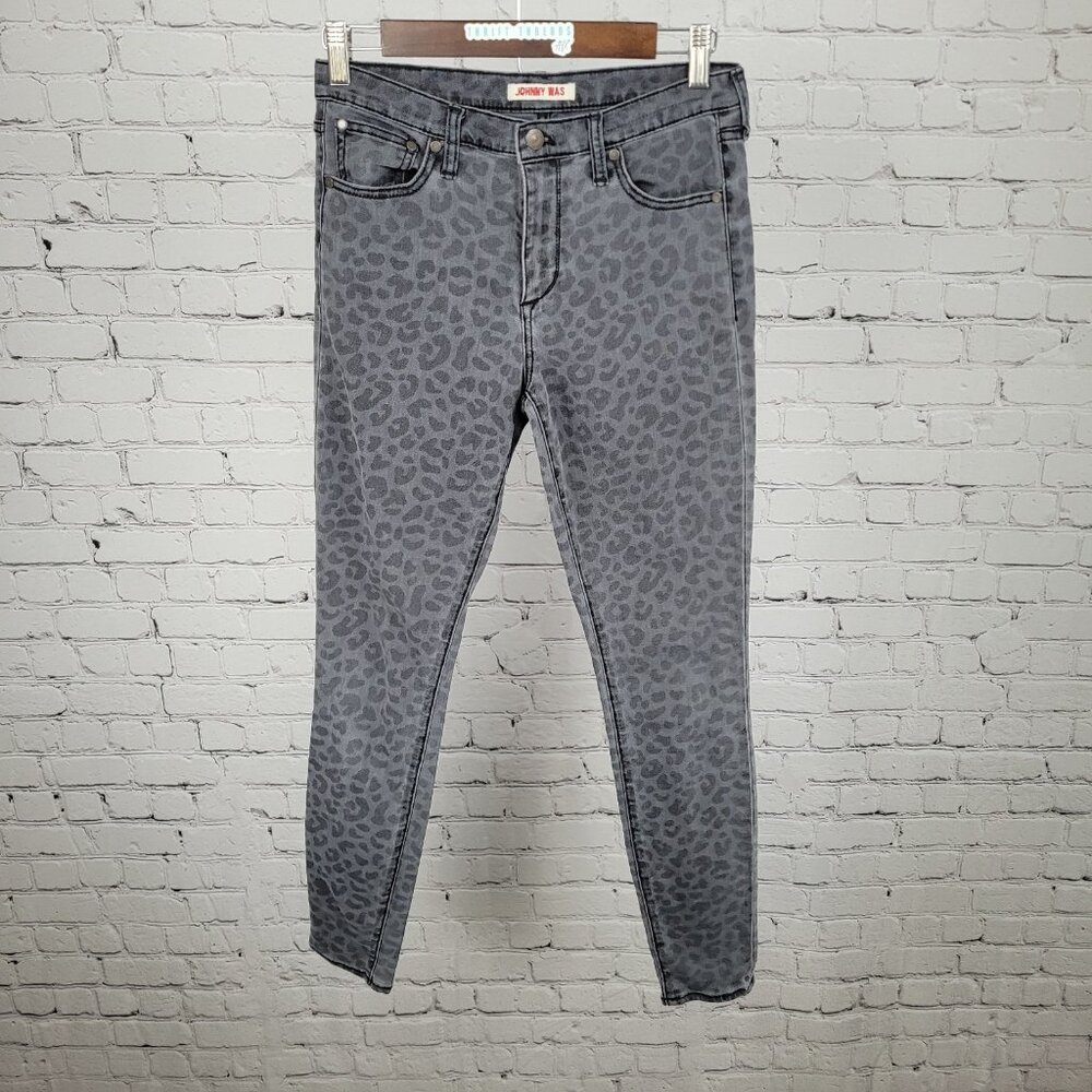 Johnny Was Grey Denim Leopard Mid Rise Skinny Stretch Jeans Size 26 (26x29)